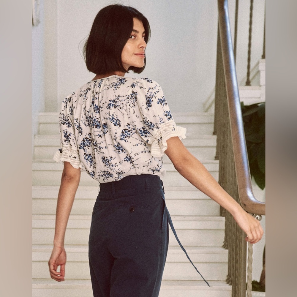 THE GREAT. Bishop Blue on White Floral Blouse - Picture 4 of 14
